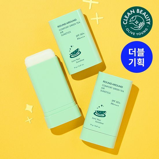 Round Around Comfort Green Tea Air Sun Stick double pack, featuring 19g each, ideal for skincare and sun care, highlighting K-Beauty benefits.