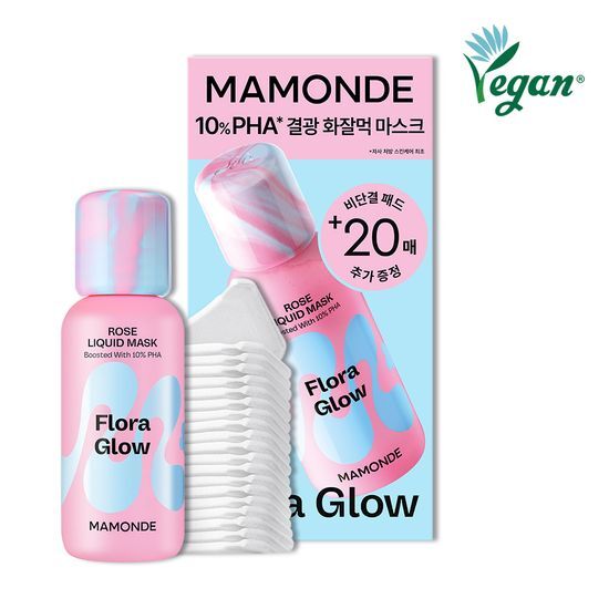80ml Mamonde Flora Glow Rose Liquid Mask set with 20 included pads, promoting K-Beauty skincare benefits.