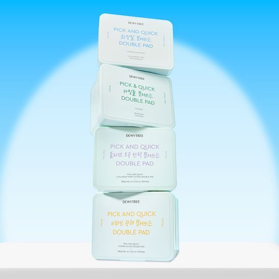 100 sheets of Dewytree Pick & Quick Tear-Off Double Pads in Vitamin Glow, designed for skincare with calming, pore firming, and makeup boosting benefits.