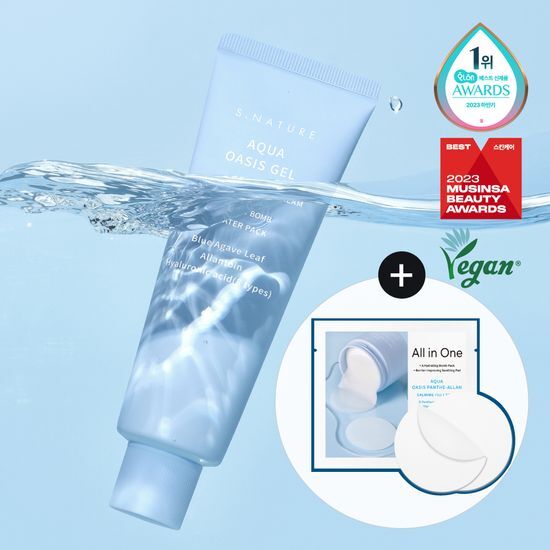Esnature Aqua Oasis Hydrating Gel Cream 90ml set with 2 calming pads, ideal for moisturizing and soothing skin in K-Beauty skincare routine.