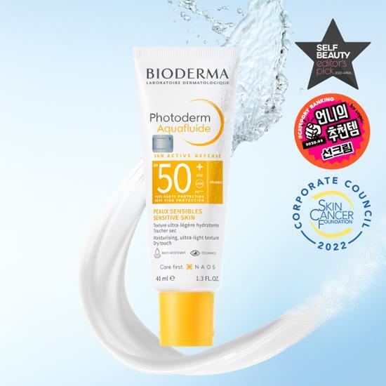 40ml bottle of Bioderma Photoderm Aqua Fluid SPF 50+, a lightweight sunscreen for skincare, offering high sun protection.