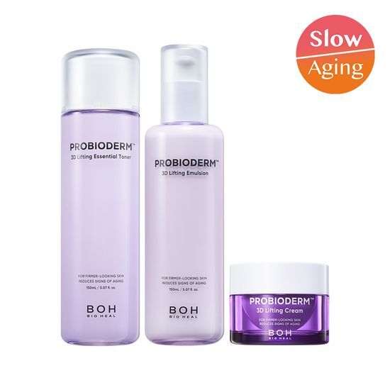 Bioheal Probioderm 3D Lifting Skincare Set featuring Essential Toner and Emulsion, 150ml each, designed for moisturizing and enhancing skin elasticity in K-Beauty routine.