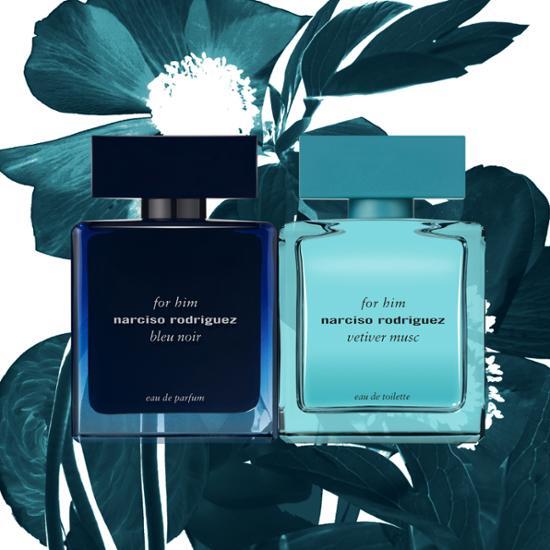 100ml bottle of Narciso Rodriguez Men's Fragrance - Bleu Noir featuring Vetiver Musk, elegantly designed for a sophisticated scent experience.