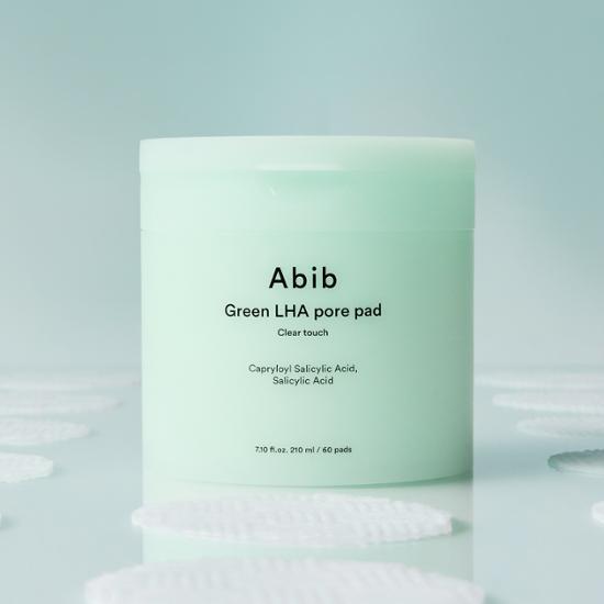 Abib Green LHA Pore Clear Touch Pads - 60 Sheets, K-Beauty skincare product for pore cleansing and skin clarity.