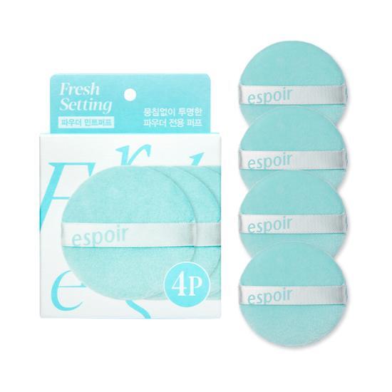 Espoir Fresh Setting Powder with Mint Puff - Set of 4 beauty tools for flawless makeup application, featuring K-Beauty innovation.
