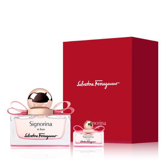 Salvatore Ferragamo Signorina in Fiore EDT 30ml set with a miniature 5ml fragrance, elegantly packaged for a luxurious beauty experience.