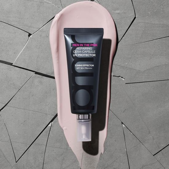 Alt text: Primera Man Pink Repairing Serum Capsule UV Protector with Toning Effect - 40ml bottle for skincare and sun care.