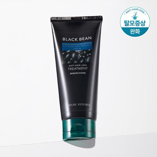 Nature Republic Black Bean Hair Loss Treatment 200ml - K-Beauty hair care product designed to nourish and strengthen hair, featuring a sleek bottle and natural ingredients.