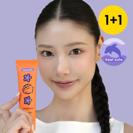 Alt text: B-Plain X Jo Gooman Sun Muse Tone-Up & Correcting Sunscreen 1+1 Set, featuring two 50ml bottles of K-Beauty skincare for sun protection and tone correction.