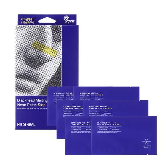 Six sheets of Mediheal Blackhead Melting Clear Nose Pore Strips for effective skincare, designed for removing blackheads and unclogging pores.