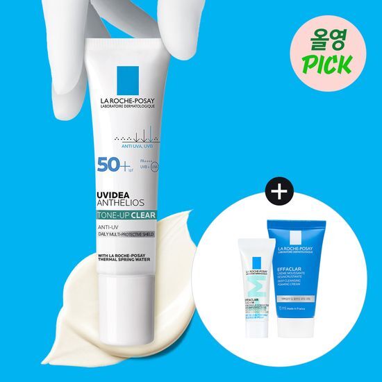 Set of La Roche-Posay UVIDEA Anthelios Tone-Up 30ml with Effaclar Purifying Foam 15ml and Duo + M 3ml, featuring skincare products for sun care and K-Beauty.