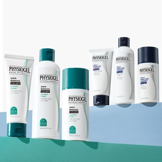 Physiogel For Men Skincare Set including DMT Fluid, DMT Cream, Cica Fluid, and Cica Cream, designed for moisturizing and soothing men's skin.
