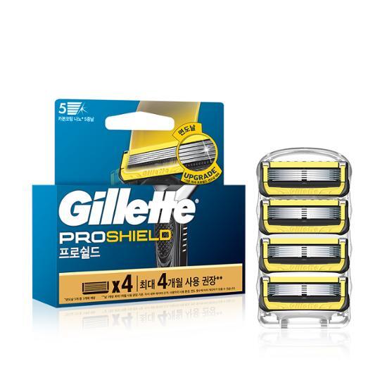 Gillette ProShield Yellow Razor Blades in a pack of 4, designed for a smooth shaving experience, perfect for men's beauty routines.