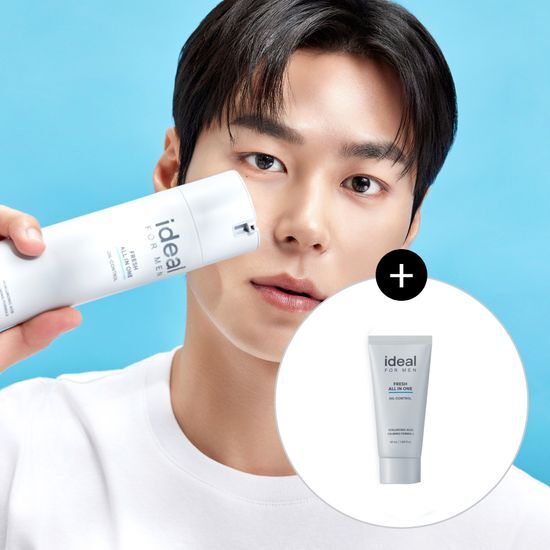 Promotional set of Ideal for Men Fresh All-in-One skincare, featuring 150mL and 50mL moisturizers, designed for men's skincare needs. K-Beauty product in a sleek package.