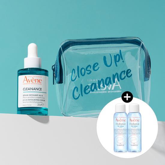 Set of Avene Cleanance A.H.A Serum 30ml, two 25ml Idrance Essence Lotions, and a stylish pouch, ideal for skincare enthusiasts.