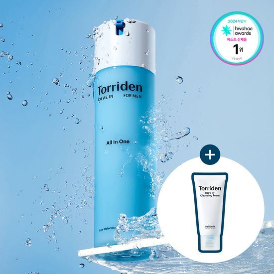 Alt text: Toryden Dive-In For Men All-in-One skincare set featuring low molecular hyaluronic acid, including a 200g moisturizer and a 30ml cleansing foam, perfect for men's skincare routine.