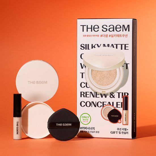 THE SAEM Cover Perfection Concealer Cushion Renew in 5 colors, featuring a main product and refill set, displayed elegantly for a flawless complexion.