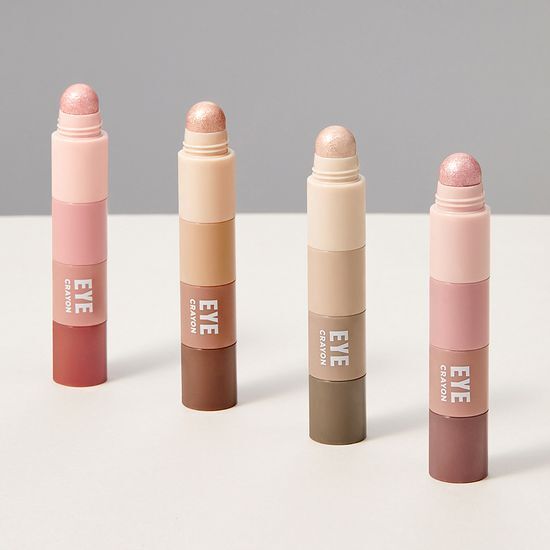 Set of four Merrysod Real Edge Eye Crayons in various shades, featuring a sleek and elegant design.