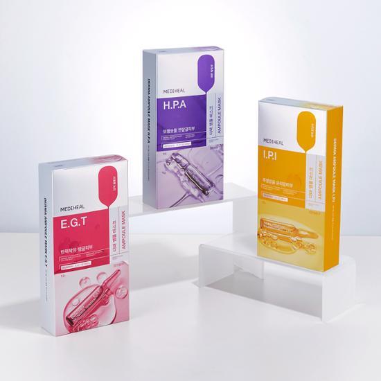 10 sheets of Mediheal Derma Ampoule Mask featuring three types: Radiant Brightening, Smooth Glow, and Firming Volume, perfect for enhancing skincare routines.