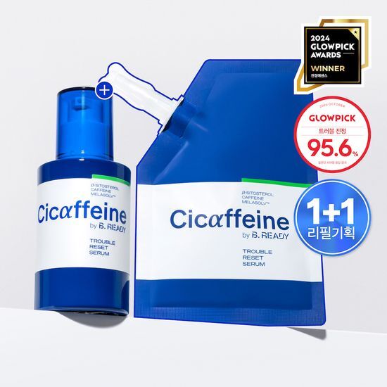 Biready Caffeine Trouble Reset Serum 40ml Refill 1+1 Set, a K-Beauty skincare solution for troubled skin, featuring two bottles of essence serum.