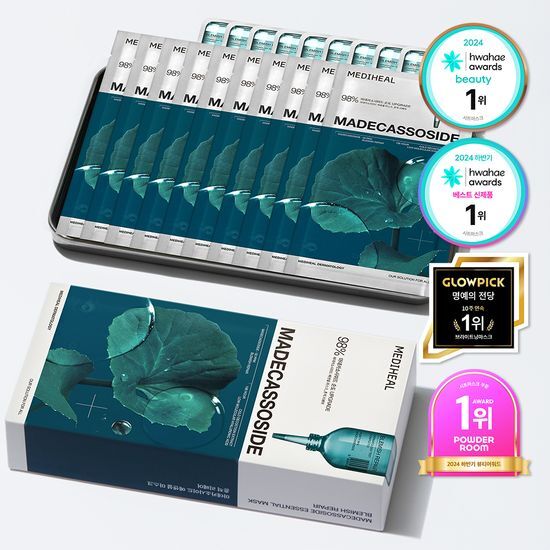 Alt text: Mediheal Madecassoside Essential Mask Repair Pack containing 10 sheets, designed for skincare and K-Beauty enthusiasts, promoting skin repair and rejuvenation.