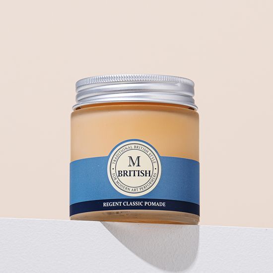British M Regent Classic Pomade 100g for men's styling, featuring a sleek container designed for perfect hold and shine in personal grooming.