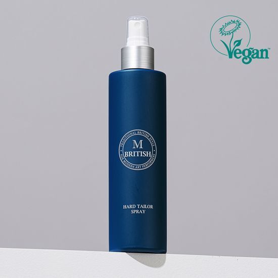British M Hard Tailor Spray 250ml for men's styling, designed for a strong hold and sleek finish in personal care cosmetics.