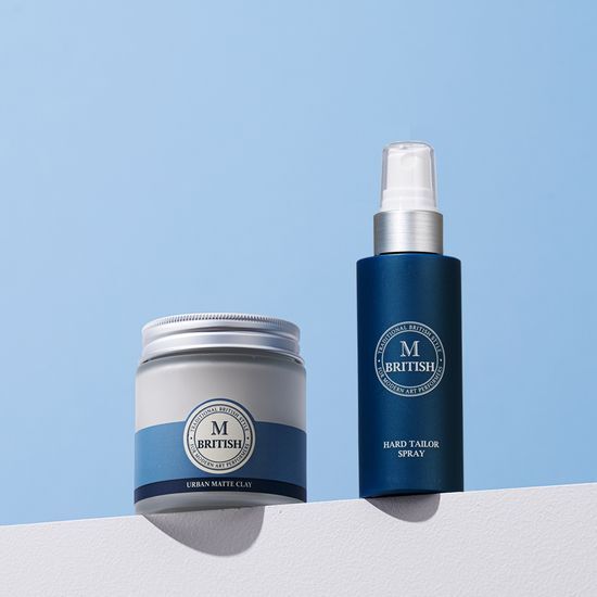 Alt text: British M Urban Matte Clay 100g Set with Hard Spray 80ml - Men's beauty styling products for a matte finish.