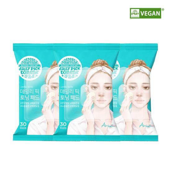 Three packs of Ariel Stress Relief Daily Pick Toning Pads, each containing 30 sheets, designed for skincare and stress relief, featuring K-Beauty elements.