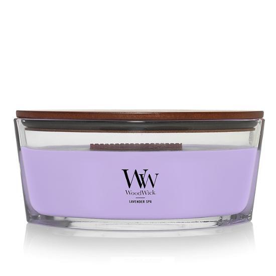 Woodwick Ellipse Candle in Lavender Spa scent, 453g, designed for a soothing fragrance experience, ideal for personal care and relaxation.