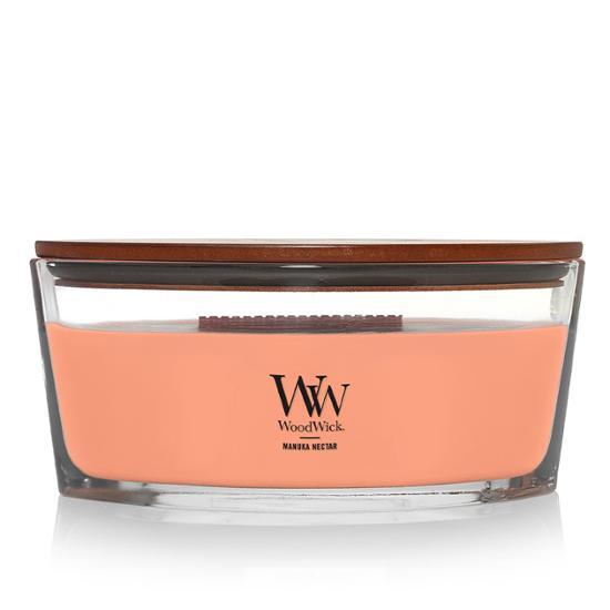 Woodwick Ellipse Candle in Manuka Nectar scent, 453g, perfect for creating a soothing ambiance with its unique fragrance.