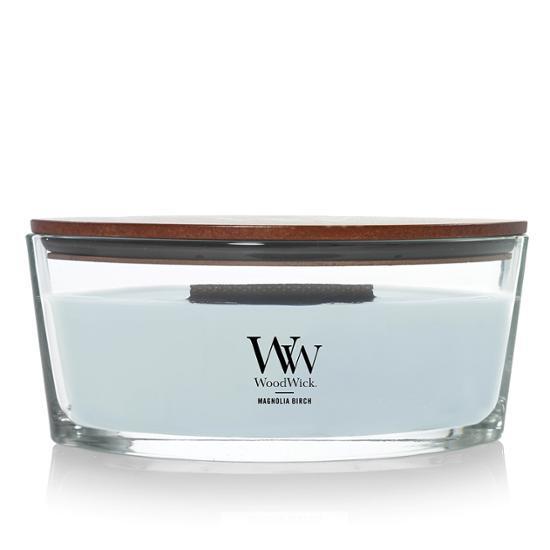 Woodwick Ellipse Candle in Magnolia Birch fragrance, 453g, perfect for enhancing ambiance and relaxation.