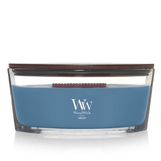 Woodwick Ellipse Candle in Tempest scent, 453g - a premium fragrance product for personal care, featuring a unique wood wick design.