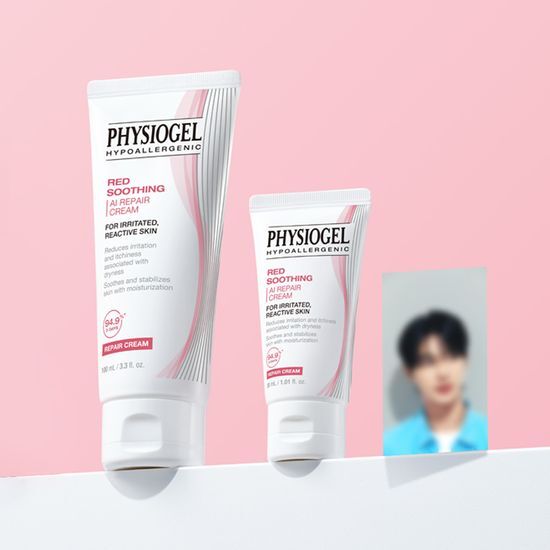 Physiogel Red Soothing AI Repair Cream set featuring 100ml and 30ml tubes alongside a photo sticker set, ideal for K-Beauty skincare enthusiasts.