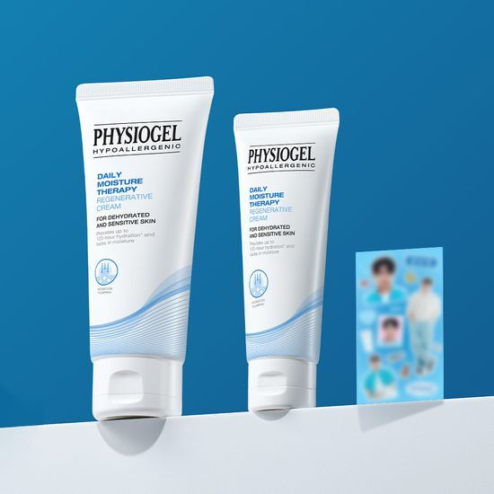 Physiogel DMT Regenerative Cream set featuring 100ml and 50ml tubes with limited edition Byun Woo-seok photo sticker, ideal for skincare and moisturizing.