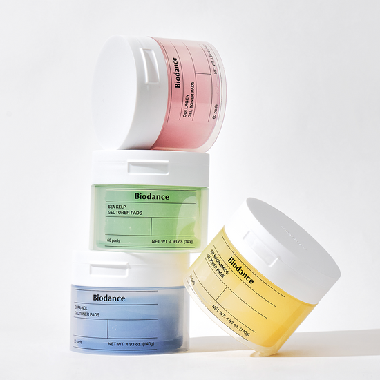 BioDance Gel Toner Pads - 60 sheets in four types, perfect for K-Beauty skincare routines.