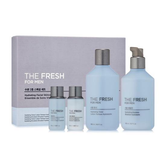 Hydration set from The Face Shop for men, featuring toner and emulsion in 180ml and 170ml sizes, plus travel-sized 32ml versions, perfect for K-Beauty skincare routines.
