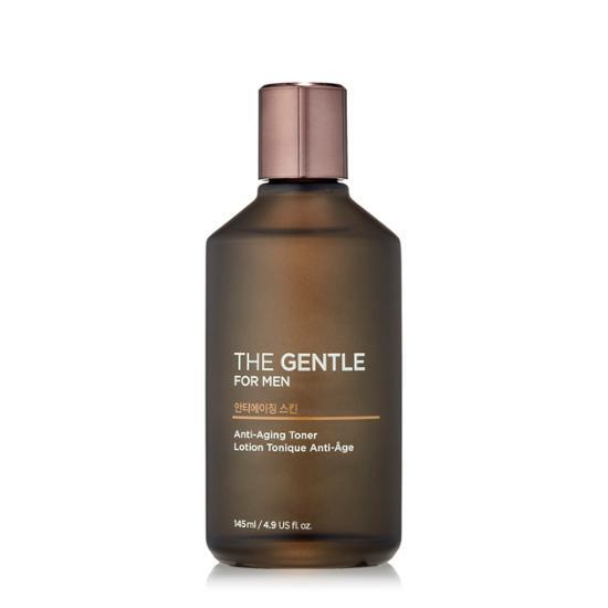 145ml bottle of The Face Shop The Gentle for Men Anti-Aging Skin toner, designed for skincare, featuring K-Beauty elements for effective personal care.
