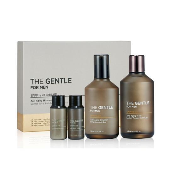 Two-piece anti-aging skincare set for men by The Face Shop, featuring 145ml skin essence, 135ml lotion, and two travel-sized 32ml skin and lotion bottles.