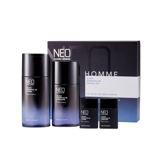 Face Shop Neo Classic Homme Black Essential Set featuring toner and emulsion in both 130ml and 30ml sizes for men's skincare routine.