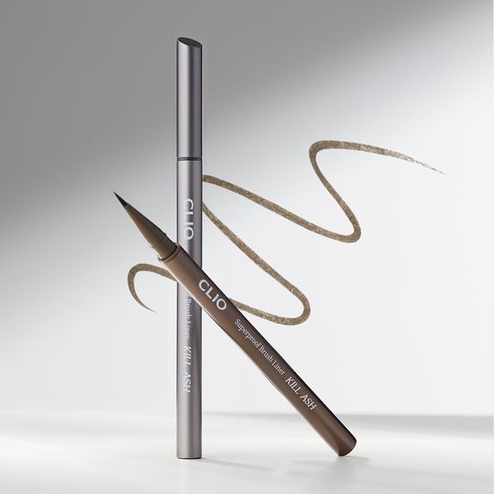 Clio Superproof Brush Liner in Ash Brown, featuring a fine brush tip for precise application, perfect for defining eyes with a long-lasting finish.
