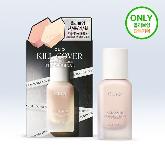 Alt text: Clio Kill Cover Foundation The Original Edition in 19C Light, part of the Spatula Puff Collection, showcasing a sleek bottle design with a spatula applicator.
