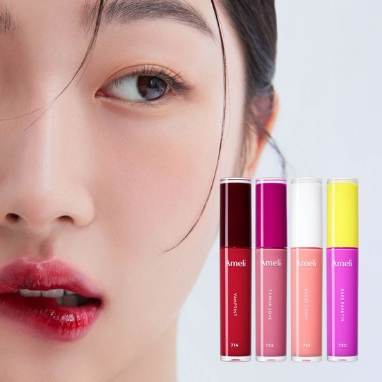 Ameli Narcissism Lip Tint Set featuring 7 vibrant shades, including the bold 718 Cherry Tint, displayed in an elegant arrangement.