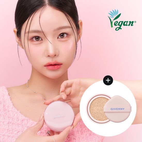 Giverny Dewy Glassy Cushion 13g in shade 23 Medium Beige, featuring main product and refill, showcasing a sleek design and perfect for achieving a radiant complexion.