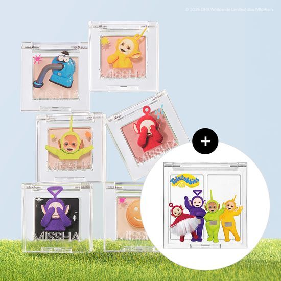 Missha Teletubbies Collaboration 54-Color Palette featuring Modern, Triple, and Glitter Prism shades, alongside Baby Soap No. 102, showcasing vibrant colors and playful design inspired by Teletubbies.