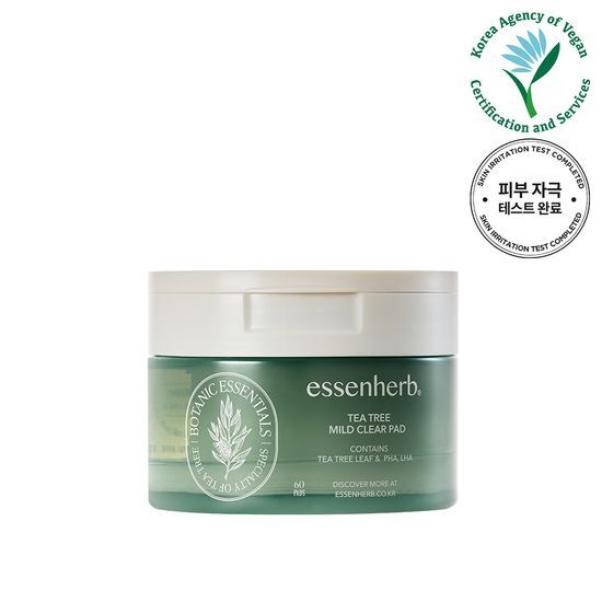 60 Sheets of Essenhubb Tea Tree Mild Clear Pads for skincare, featuring K-Beauty formula for acne treatment and skin clarity.