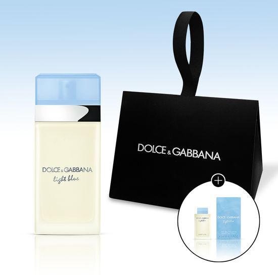 Gift set featuring Dolce & Gabbana Light Blue EDT 50ml and 4.5ml travel spray, showcasing elegant packaging for a luxurious fragrance experience.