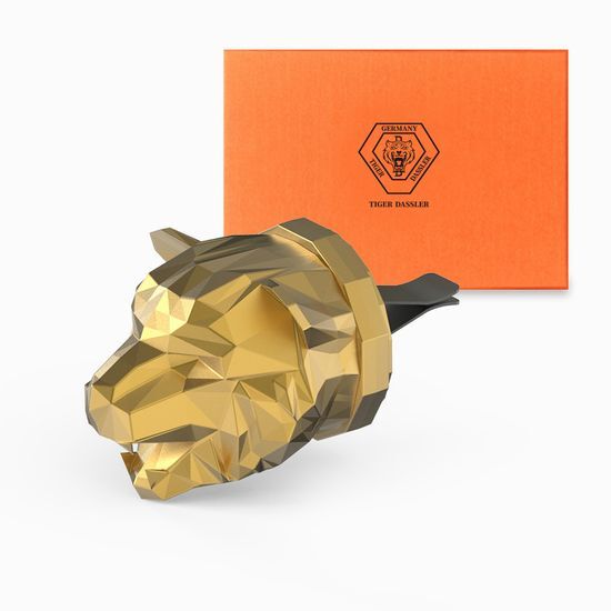 Gold matte Tiger Dazzler Heritage Tiger car air freshener available in three scents, designed for men's beauty and fragrance.