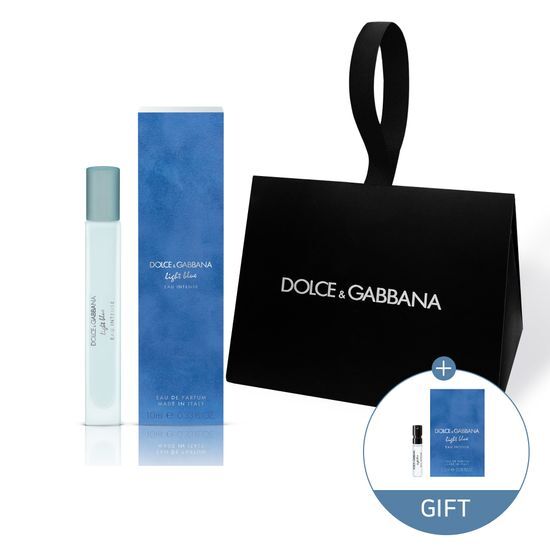 Gift set featuring Dolce & Gabbana Light Blue Eau de Parfum Intense 10ml and a 1.5ml travel size, elegantly packaged for fragrance lovers.