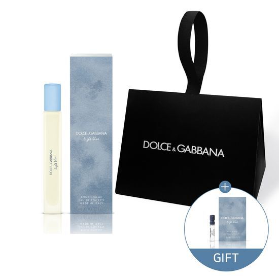 Gift set featuring Dolce & Gabbana Light Blue Pour Homme Eau de Toilette 10ml with a 1.5ml bonus, elegantly packaged for fragrance enthusiasts.